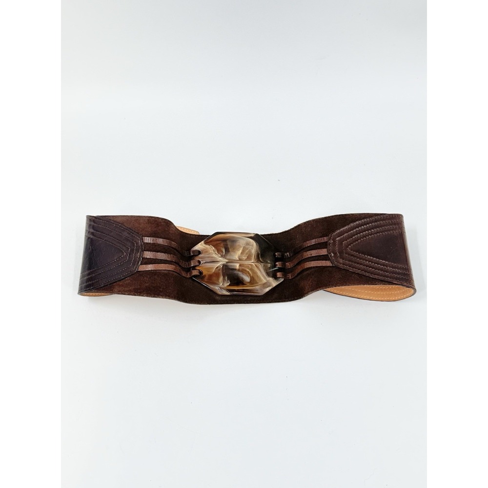 Vtg Marciano Statement Belt; Brown Suede W/ Marbled Horn/Tortoiseshell Buckle